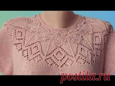 Летняя блузка "Яблоня в цвету" спицами с кружевной вставкой, 2 часть МК