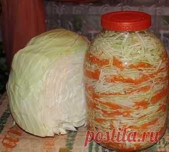 САМАЯ ПРОСТАЯ И ВКУСНАЯ КВАШЕНАЯ КАПУСТА

капуста белокочанная	(небольшой) — 1 вилок
морковь	(крупные) — 2 шт.
вода	— 2 л
соль	— 3 ст. л.
сахар	— 2 ст. л.
специи	(по вкусу)

Нарезаем капусту - как любите. Очень тонко и мелко или покрупнее.

Натираем на крупной тёрке морковь.
Всё перемешиваем, перетираем руками и утромбовываем, складываем в стеклянную банку. Банку ставим в глубокую миску.
Заливаем остывшим рассолом - кипятим 2 л. воды с 3 ст. л. соли.
Заливаем так, чтобы ра...