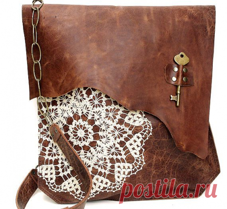 Boho Leather Messenger Bag with Crochet Lace &amp; от UrbanHeirlooms