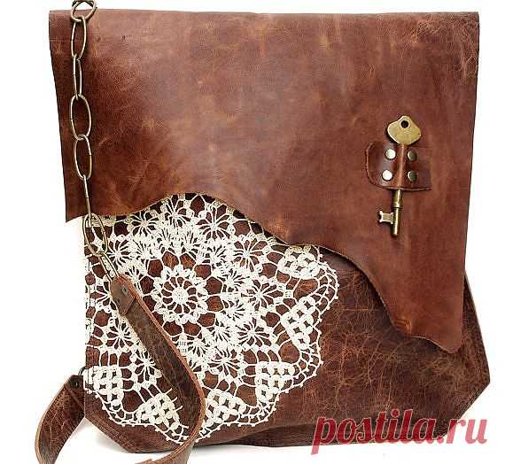 Boho Leather Messenger Bag with Crochet Lace & от UrbanHeirlooms