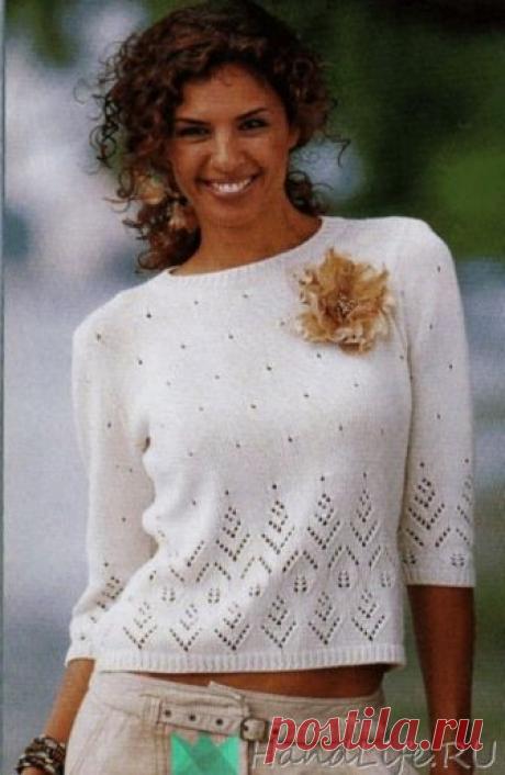 Пуловер с рукавами три четверти  Размеры 36/38 (40/42) 44/46 Вам потребуется: — 450 (500) 550г пряжи цвета экрю Baumwoll — Cablee (100% хлопок 150м/50г)