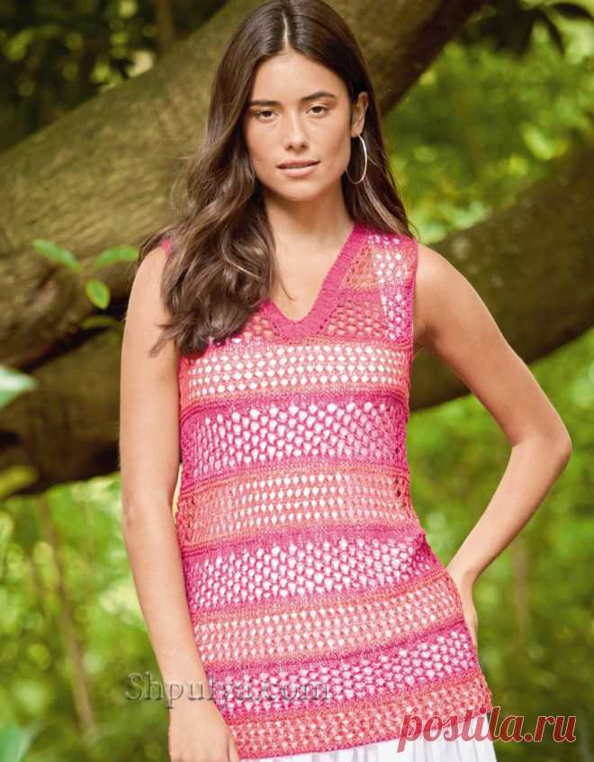 Сетчатый топ без рукавов подарит в приятную прохладу, даже когда столбик термометра поднимется слишком высоко. Все благодаря сквозному узору с крупными ячейками и натуральным льняным ниткам, сияющим самыми яркими оттенками.