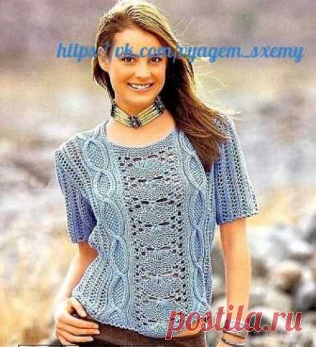 Запись на стене ПУЛОВЕР СПИЦАМИ !Голубой узорчатый пуловер Размеры: 36/38 (42/44) 46/48Вам потребуется: 400 (450) 450 г голубой пряжи Scooter (64% хлопка. 27% висхозы. 9% полиамида, 85 м/50 г); спицы № 4.5.Платочная вязка: лиц и юн. р. -лиц. л.Ажурный узор: число летель кратно 4. Вяззть п..