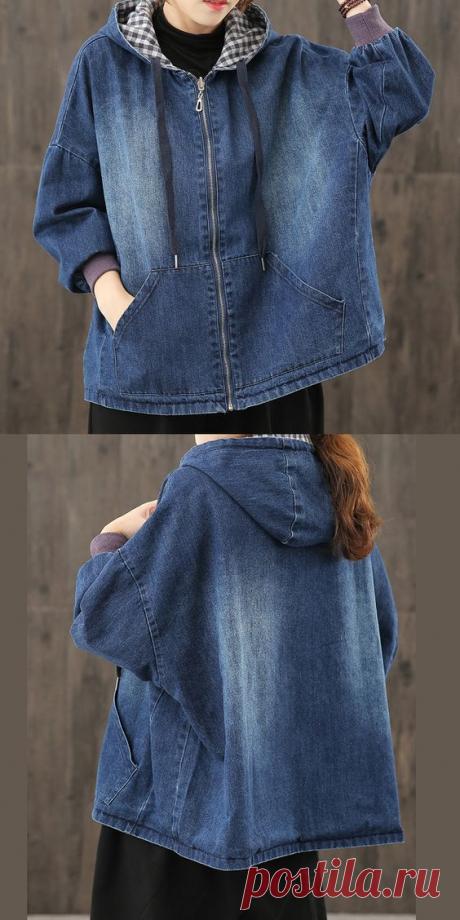 Style hooded pockets clothes For Women Photography denim blue blouses