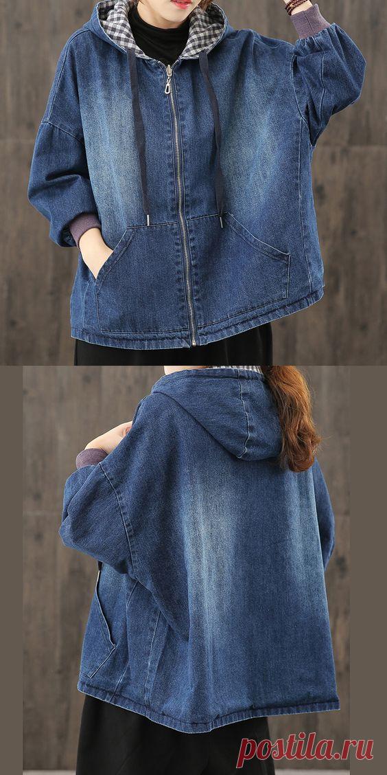 Style hooded pockets clothes For Women Photography denim blue blouses