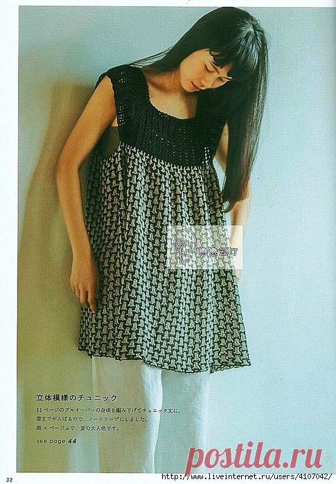 Летняя туника (вязаная кокетка крючком и ткань). Схема для вязания.