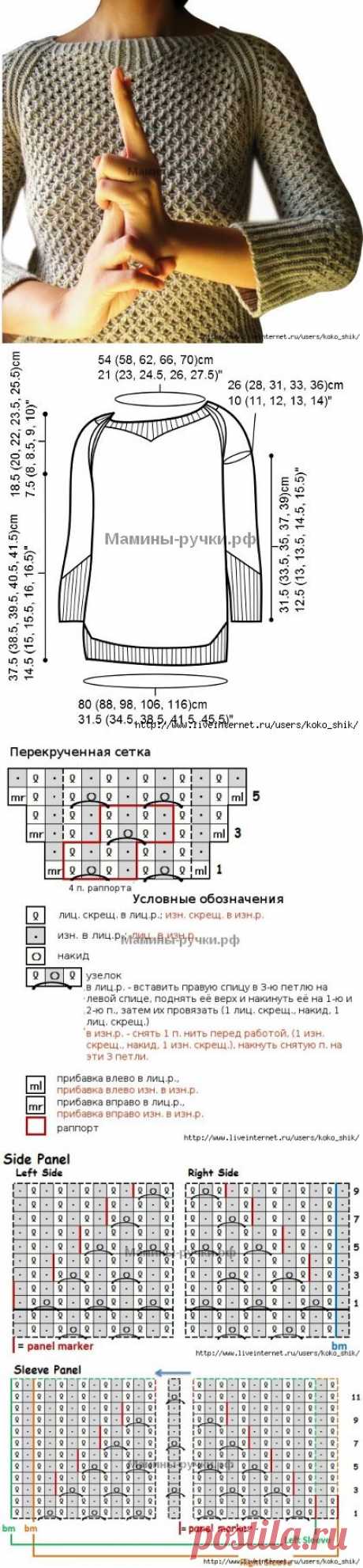 Вязаный спицами пуловер Shinobi от Йоко Джонстон. Схемы и описание на русском языке