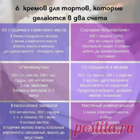 Рецепты разнообразных кремов для тортов, получаются вкусно и быстро! Сохраняем, чтобы было под рукой