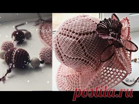Вязаный  крючком комплект шляпка с бусами./Летняя шляпка для девочки.