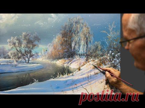 "Зимний день" #зимний пейзаж. Акриловая живопись. Урок рисования. Живопись