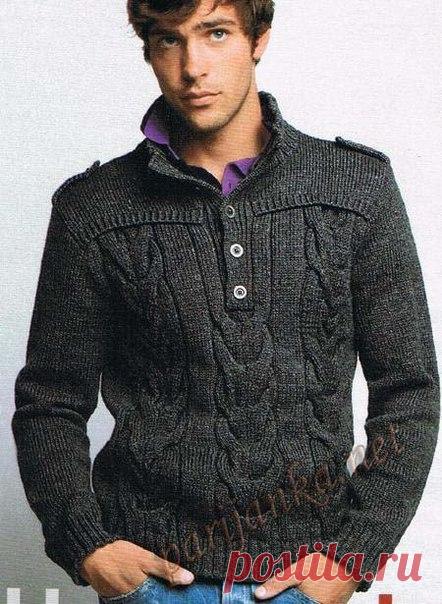 Офицерский пуловер  
 
Размеры : S – M – L – XL – XXL

Материалы: нитки  SPORT, цвет Baleine 14 – 15 – 16 – 17 – 18 мотков

Состав: 51% камвольная шерсть, 49% акрил, 50 г / 90 м.

Спицы № 3,5 и № 4, 1 дополнит. спица, 7 пуговиц.

Виды вязок:

Резинка 2х2, спицы № 3,5.

Резинка 1х1, спицы № 3,5.

Лиц. гладь, спицы № 3,5 и № 4.

Изнаночная гладь, спицы № 3,5.

Коса А, спицы № 3,5. На 29 п.

10ый р. (лиц. с. работы): 2 изн. п., 12 лиц. п., 1 изн. п., 12 лиц. п., 2 изн. п.

С ...