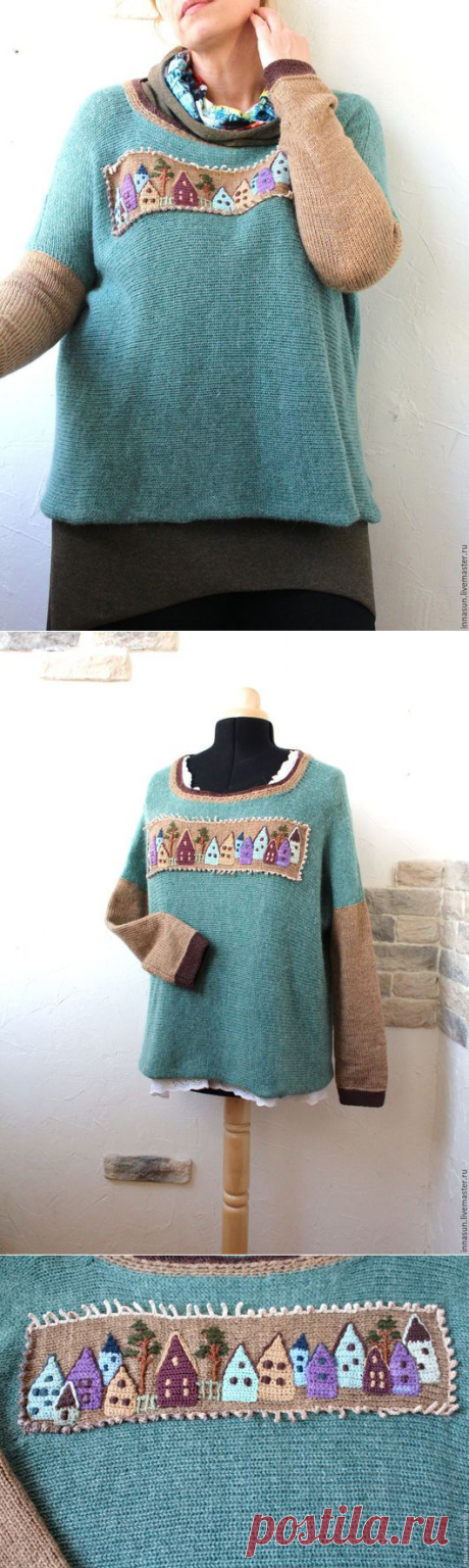 Купить Бохо туника Город у моря - тёмно-бирюзовый, рисунок, туника вязаная, большой размер