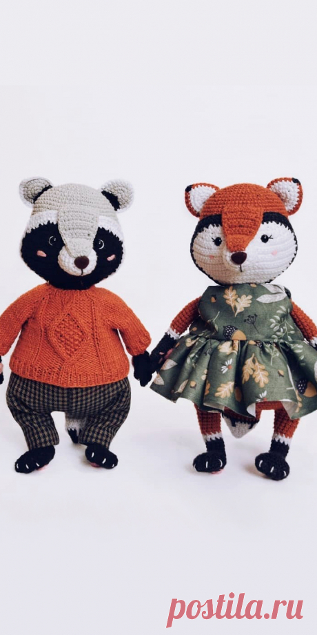 PDF Енот Афоня и лиса Анфиса крючком. FREE crochet pattern; Аmigurumi doll patterns. Амигуруми схемы и описания на русском. Вязаные игрушки и поделки своими руками #amimore - енот, лиса, лисица, лисёнок, лисичка, енотик.