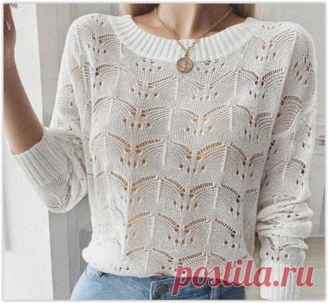 Вяжем красивый полупрозрачный джемпер с ажурными галочками!