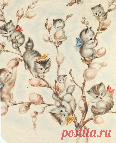 Открытка: Вербное воскресение | vintage | Кошачий арт, Котята и Кошки