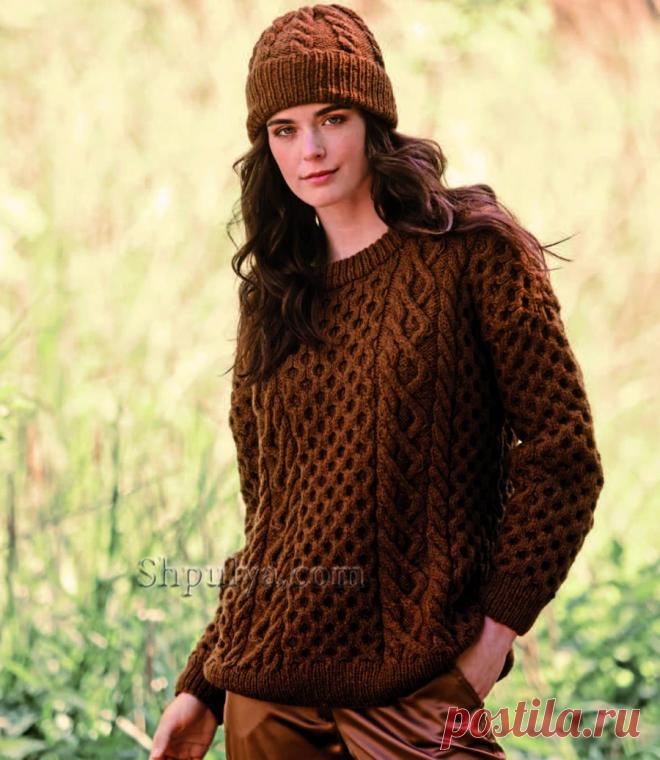 Пуловер и шапка с арановыми узорами — Shpulya.com - схемы с описанием для вязания спицами и крючком