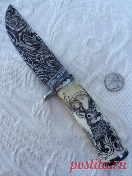 Нож. Дамасская сталь. Скримшоу.