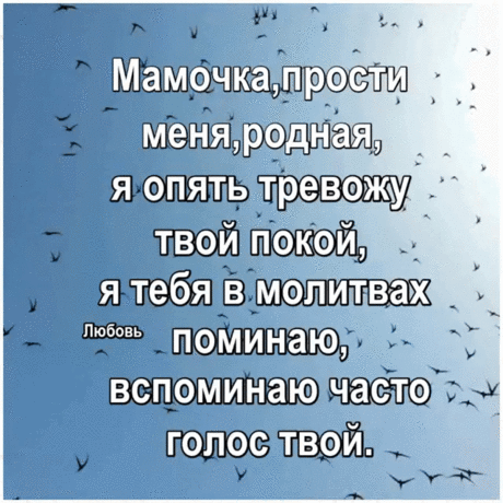 Мне трудно мама без тебя, поверь. Никто теперь мне не откроет дверь, Один лишь мрак и тишина, И я одна, одна, одна. На небе солнышко уж так не светит, Всё потому, что нет тебя на этом свете. Родная, милая, поверь, Когда закрылась за тобою дверь, Хотела вслед я за тобой бежать, Но Бог остановил меня опять. Спросил он у меня тогда : « Кто будет за неё молиться» Что я ещё не так стара, Что нужно ещё много добиться. Но как мне жить, когда весь свет не мил, Когда от слёз и горя нет уж сил. Ты приходи