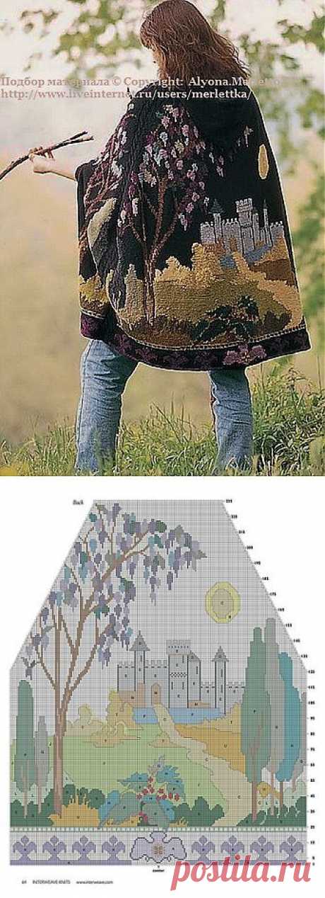 Пончо спицами с элементами вышивки по вязаному ...от Interweave Knits.