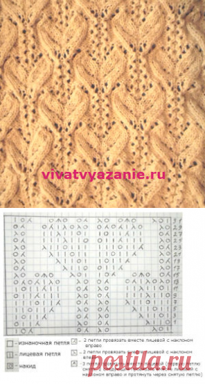 красивый ажурный узор с листьями для вязания спицами