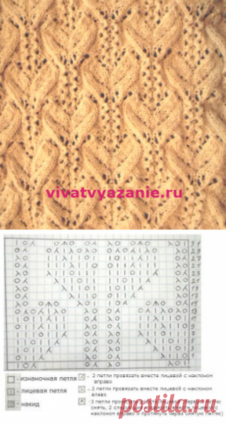 красивый ажурный узор с листьями для вязания спицами