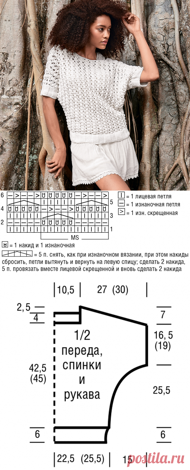 Свободный джемпер с сетчатым узором - схема вязания спицами. Вяжем Джемперы на Verena.ru