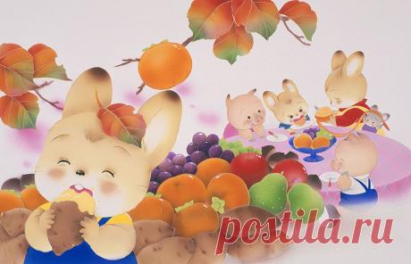 Иллюстрации животных попадают из фруктов, животных, которые едят печеный сладкий картофель