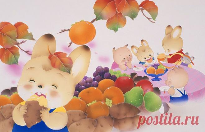 Иллюстрации животных попадают из фруктов, животных, которые едят печеный сладкий картофель