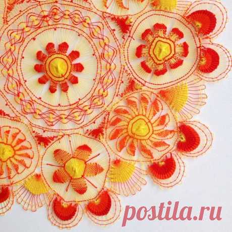 Ñandutí Handmade Lace Home Decor Wall Art Doily - Yellow, Orange, Red (27cm.) Paraguayan Embroidered Lace Nanduti Sol Lace Bring a pop of color to your space with this amazing work of art.  Use the Ñandutí as window decoration, as a wall decor, or use it under a vase or bowl as an accent in table centerpieces. It’s also a great gift for family and friends.  DETAILS Material: Cotton Color: Yellow, Orange, Red Diameter: