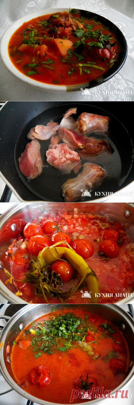 Борщ из зимних заготовок с индюшачьими потрохами. Замороженная импортная индейка продавалась с потрохами (о чем я узнала после разморозки) и я воспользовавшись этим, приготовила чудесный кислый борщ из своих  же зимних заготовок: шинкованной квашеной капусты и томатов в собственном соку. Борщ получился прекрасным и все были рады ему, поскольку уже изрядно поднадоела новогодняя &quot;сухомятка&quot;.