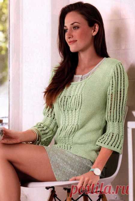 Летний ажурный пуловер спицами.