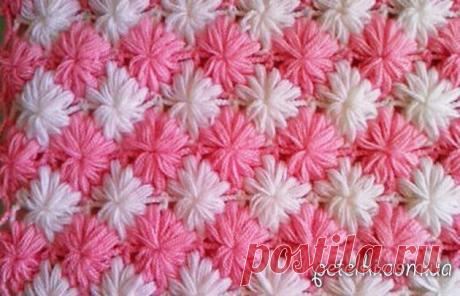 Узор цветочками из пышных столбиков. Описание вязания, схема