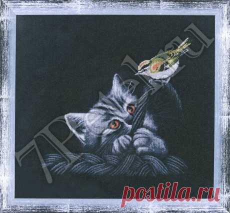 Котёнок и птичка 1126. Вышивка нитками &gt; Alisena &gt; Животные.