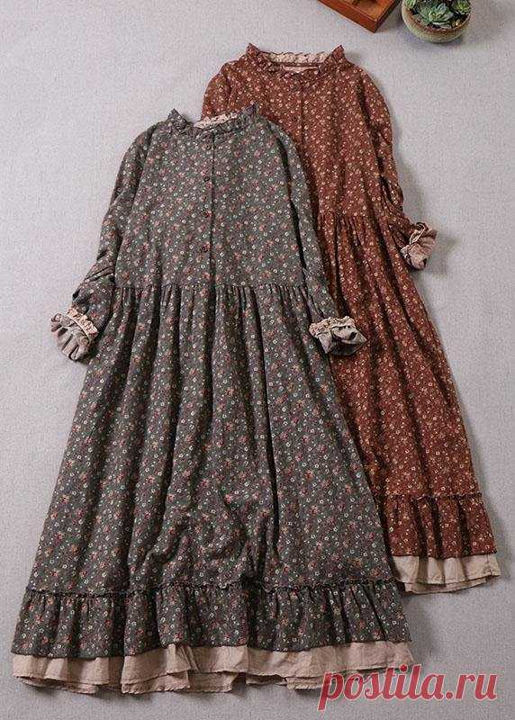 Boho Grey Ruffles Ruffled Patchwork Fall Print Long Dresses Long sleev – SooLinen
