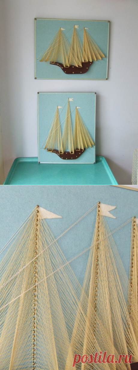 PAIR String Art Saiboats on Aqua Blue Felt от StilettoGirlVintage