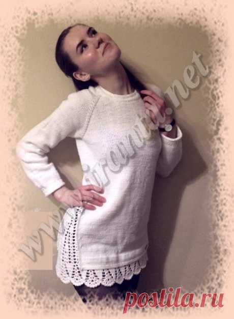 Джемпер-реглан с эффектом двухслойной одежды Джемпер-реглан с круглым вырезом горловины, высокими разрезами и ажурными вставками с имитацией двухслойной одежды. Мастер-класс, фото,схемы вязания