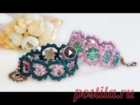♥ Браслет фриволите крючком Мастер-класс ♥ Crochet bracelet cuff Tutorial ♥ Crochetka Design DIY Вязаный крючком браслет - имитация кружева фриволите с цветочными вставками. Tutorial of crochet vintage cuff bracelet with frivolite lace imitation. ...