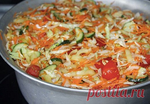 Это  вкуснейший рецепт, который мы готовим каждый год.
Хорошо идёт как закуска, можно ставить на стол на все торжества.
Ингредиенты
1 кг капусты
1 кг моркови
1 кг лука
1 кг болг.перца
1 кг помидоров
1 кг огурцов
5 ч.л.соли
5 ст.л.сахара
1 ст.раст.масла
1 ст.уксуса 9 %
чеснок по желанию