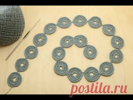 Урок вязания ЛЕНТОЧНОГО КРУЖЕВА колечки - безотрывное вязание Crochet ribbon lace