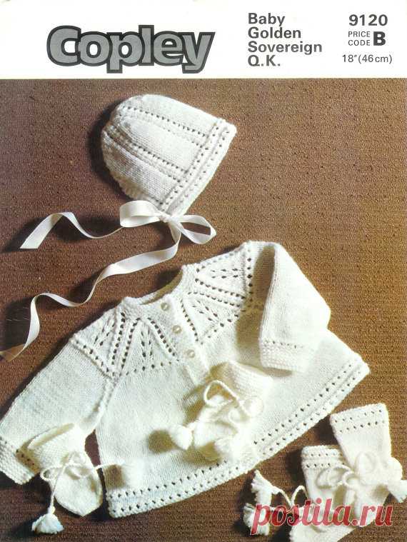 Baby  QK Matinee Jacket Hat Bootees & mittens 18ins Copley 9120 -  PDF of Vintage Knitting Patterns - Instant Download Vintage PDF BABY Knitting PAttern Copley 9120 - QK Matinee Jacket Hat Bootees & mittens 3ply = Super fine Sock. Baby or fingering  4ply = Fine sports weight yarn  DK/QK = Light D.K./Light Worsted/ 8ply  ARAN = Medium Worsted /10ply    To help you decide which size to knit, I found this information in a very old baby pattern book; it provides a guideline re...