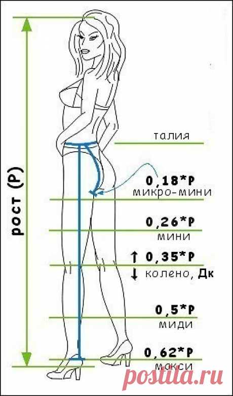 РАСЧЕТ ДЛИНЫ ЮБКИ РАСЧЕТ ДЛИНЫ ЮБКИ

При одном и том же покрое, именно от длины юбки будет зависеть ее восприятие, а подчас и степень приемлемости в обществе.

Ниже приведенные формулы разработаны на основе Золотого сечения и позволяют создавать модели поясной группы, идеально подходящие вам (или вашей клиентке) по пропорциям.

- Микро - мини. Это длина, когда трусиков еще не видно, но ноги доступны взору полностью. От линии талии опуститесь сантиметром по ягодицам до упор...
