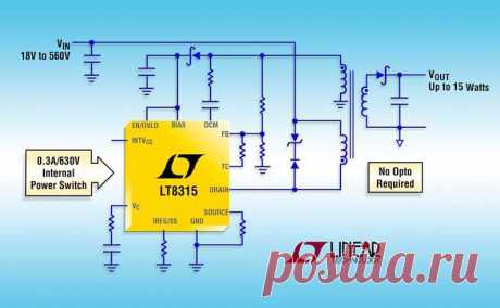 Linear Technology анонсирует 560-вольтовый микромощный обратноходовой регулятор напряжения  LT8315 работает в диапазоне входных напряжений от 18 В до 560 В, содержит интегрированный силовой ключ 0.30 А/630 В и может отдавать мощность до 15 Вт. Микросхема работает в квазирезонансном режиме граничной проводимости, в котором перемененная частота переключающей схемы, управляемой по току трансформатора, обеспечивает нестабильность по нагрузке и входному напряжению лучше 1%. Граничный режим дает воз