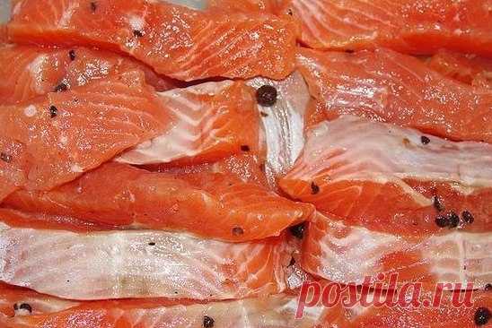 Вкусный способ засолки красной рыбы.
=Красная рыба  — 1 кг (горбуша, кета, форель, семга)
Сахар – 1 ст.ложка.
Соль – 2 ст.ложки.
Перец  горошек душистый по вкусу.
