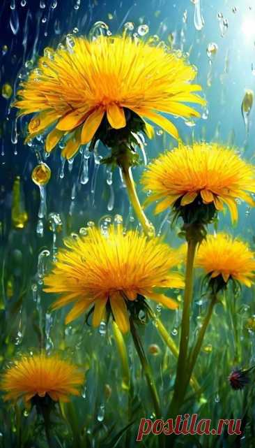 three yellow dandelions in the rain with drops of water on them and green grass