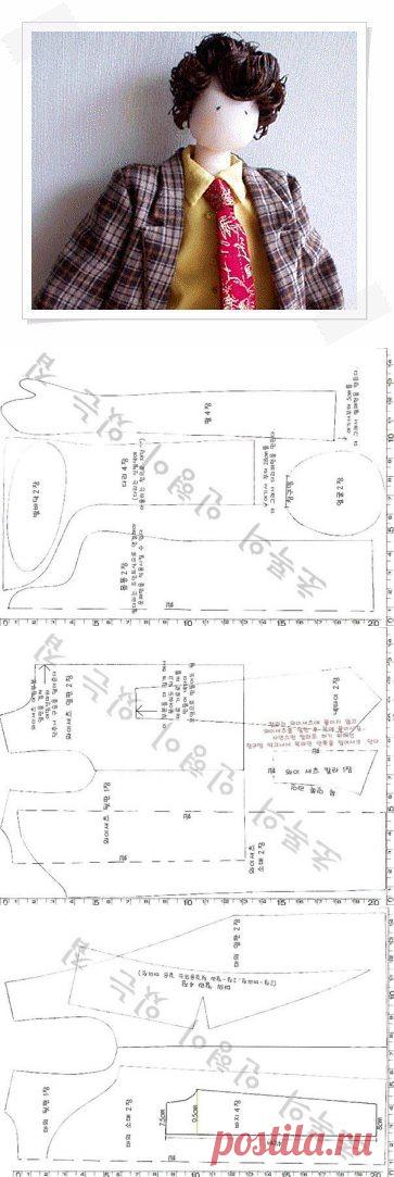 Выкройка куклы мужчины с одеждой (рубашка, пиджак и галстук)