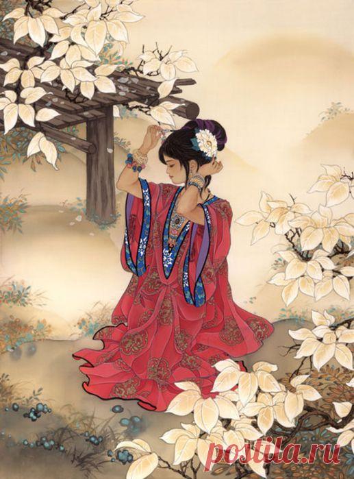 Изысканность Востока. Акварели на шёлке художницы Caroline Young (Кэролайн Янг).