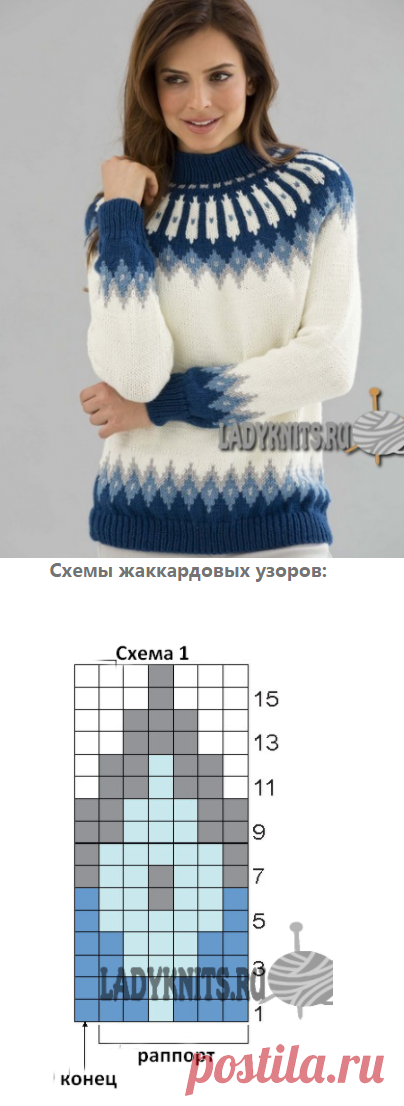 Вязаный спицами классический свитер с красивым скандинавским узором на круглой кокетке.