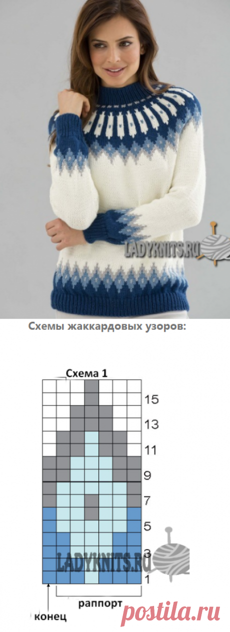 Вязаный спицами классический свитер с красивым скандинавским узором на круглой кокетке.
