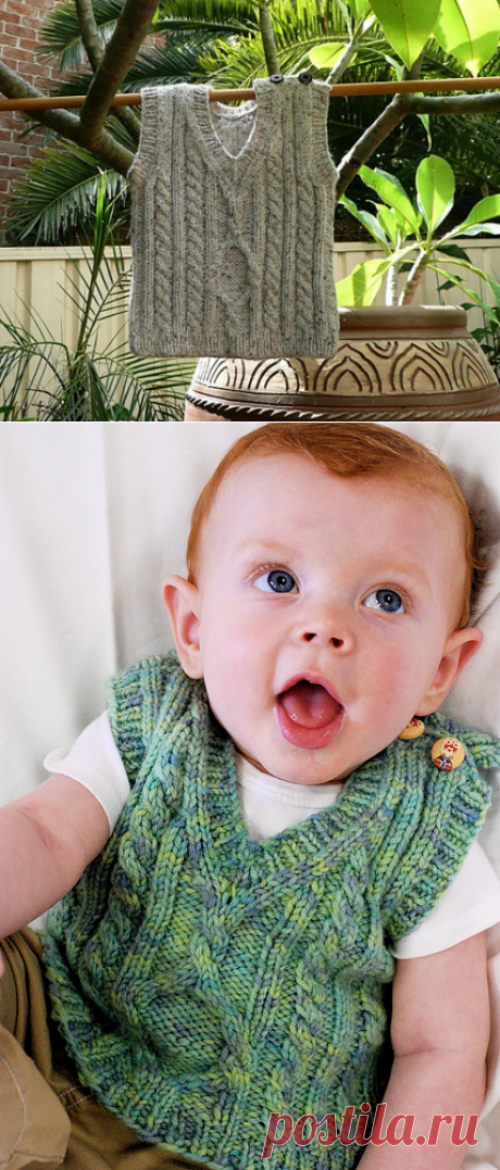Детский жилет с аранами "Пембрук" спицами: размеры от 6 мес. до 8 лет | Мои Петельки