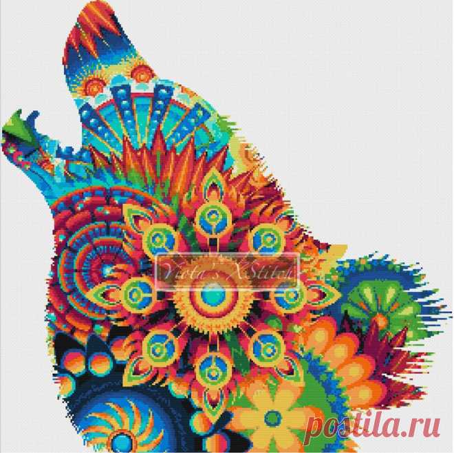Mandala wolf cross stitch kit Mandala wolf counted cross stitch kit. Counted cross stitch kit with whole stitches only. Kit contains: Cross stitch pattern Fabric - see options available Threads pre-wound on plastic card bobbins Needle Instructions